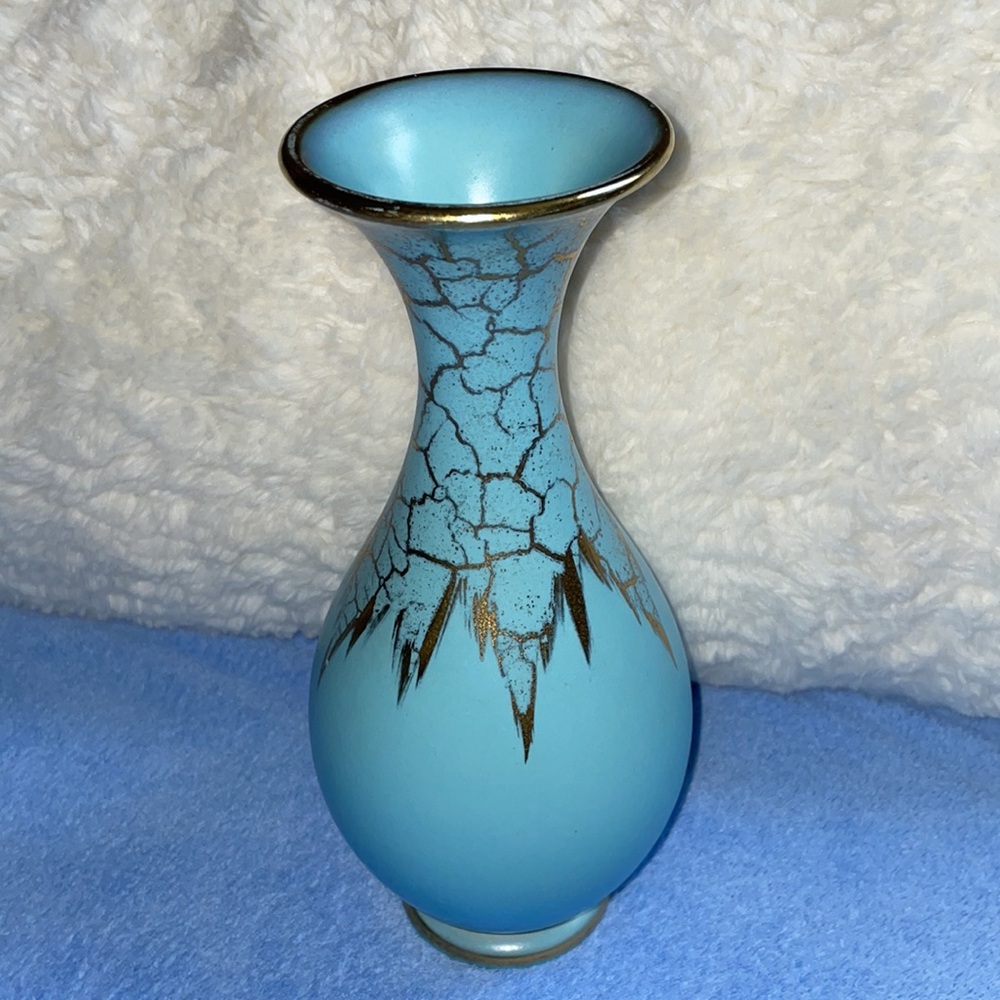 Vintage German Turquoise & Gold Ceramic Vase.  1930’s